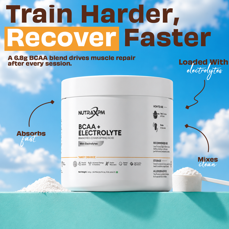 NUTRAXPM BCAA + Electrolyte – Muscle Growth | Faster Recovery | 360g | 30 Servings – Tangy Orange