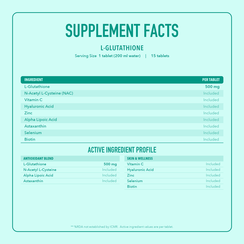 L-Glutathione Reduced Effervescent Tablets 500mg with NAC, Vitamin C, Hyaluronic Acid, Astaxanthin & Zinc | Skin Glow, Detox & Antioxidant Support | Orange Flavour | 15 Tablets
